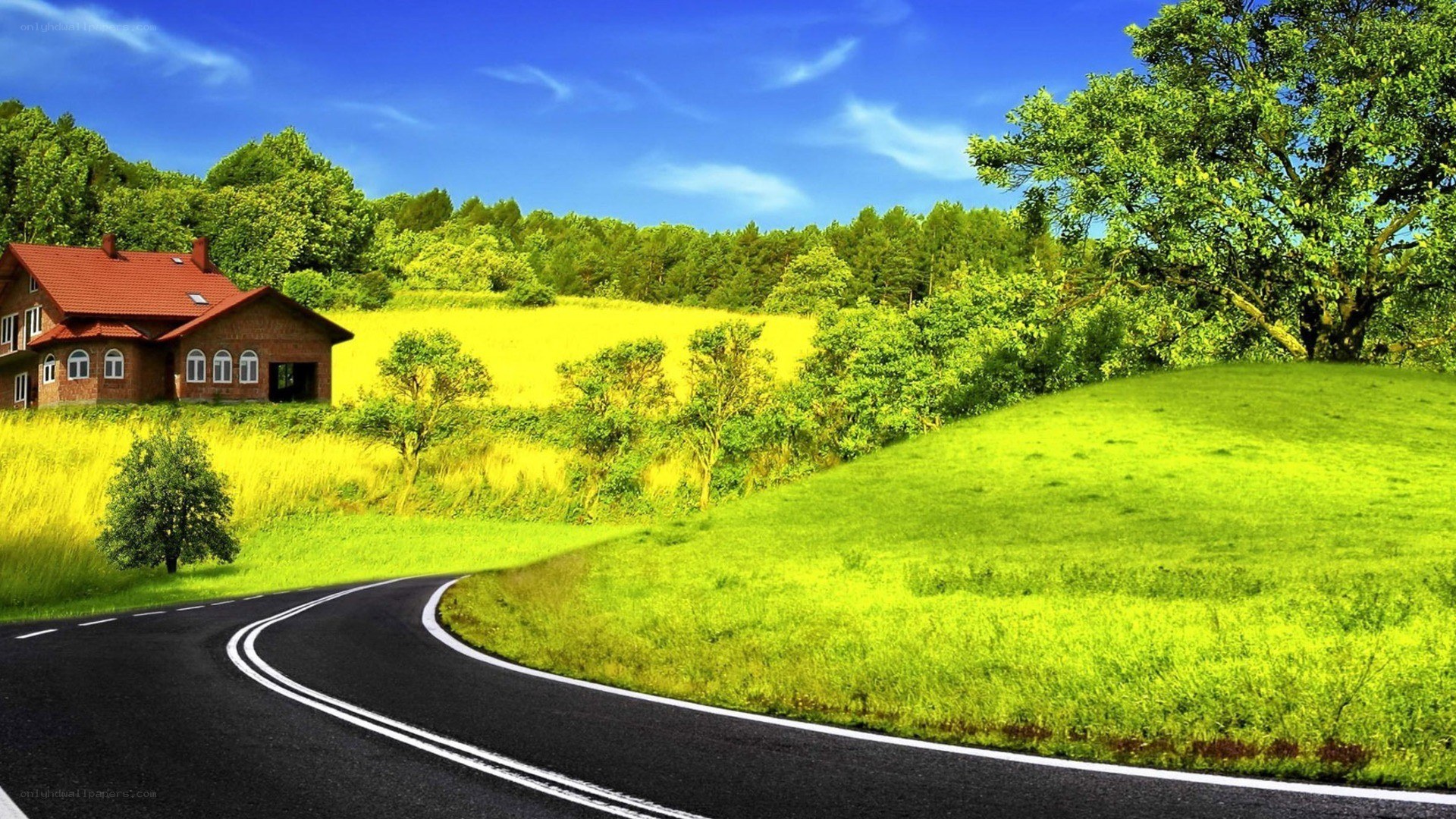 Country road with house and fields