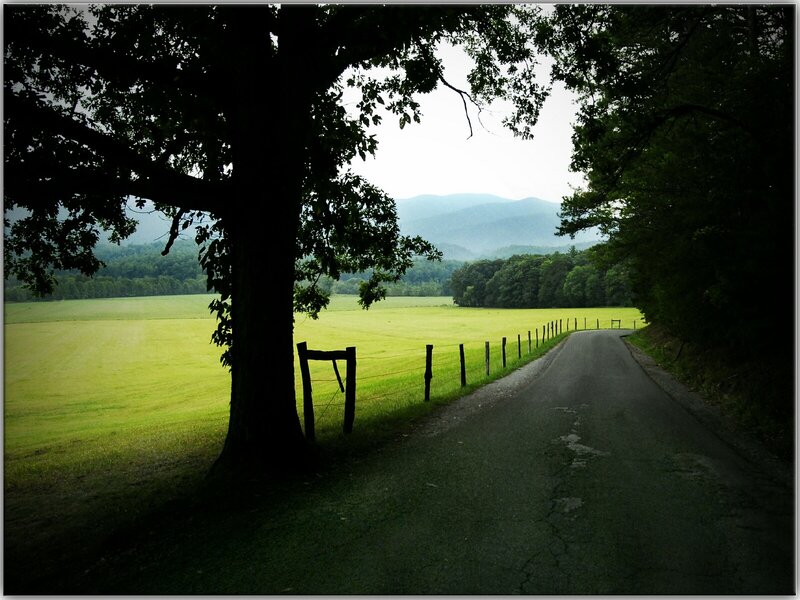 Country road with mountains in distance