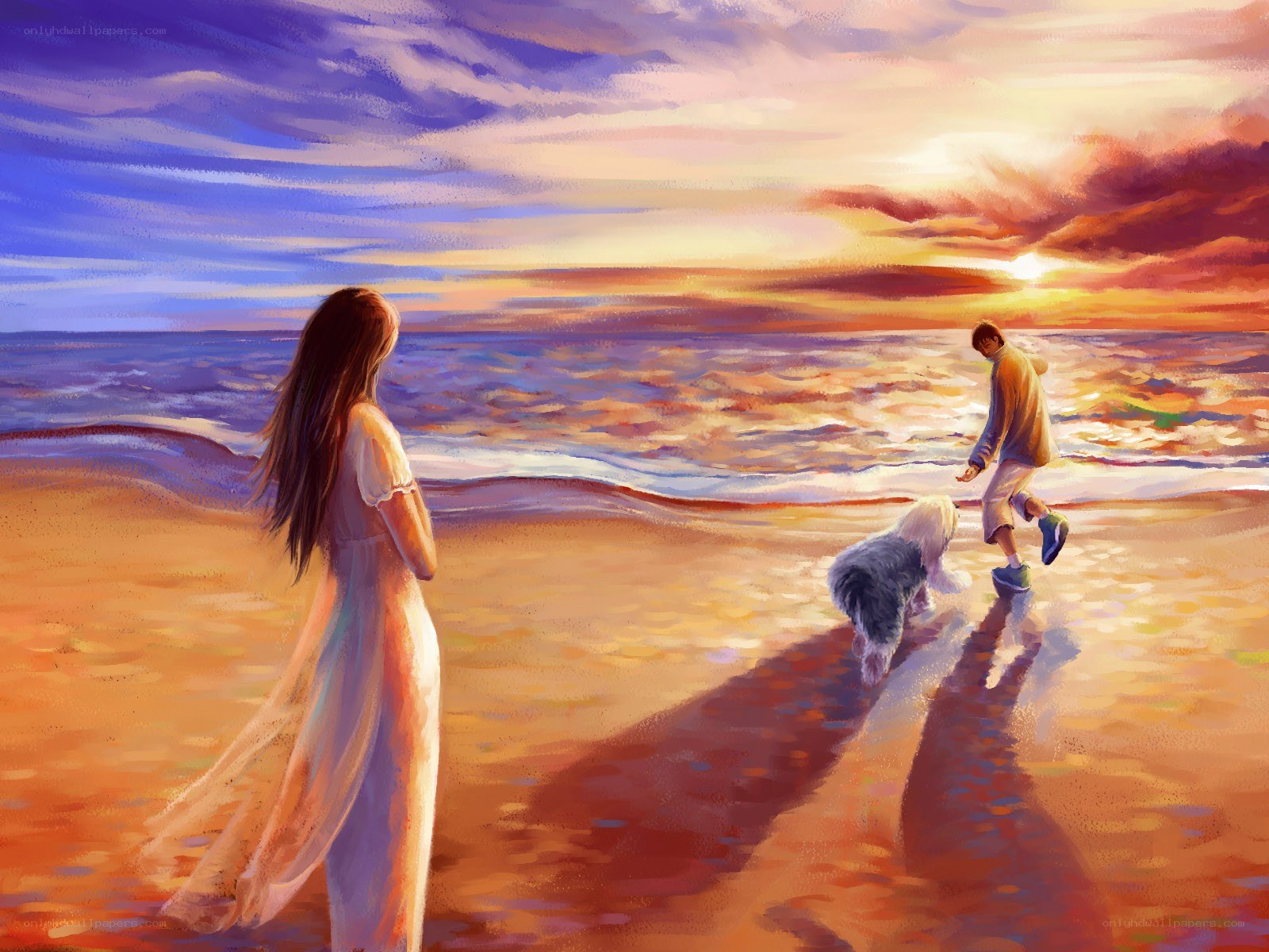 Couple and dog at sunset