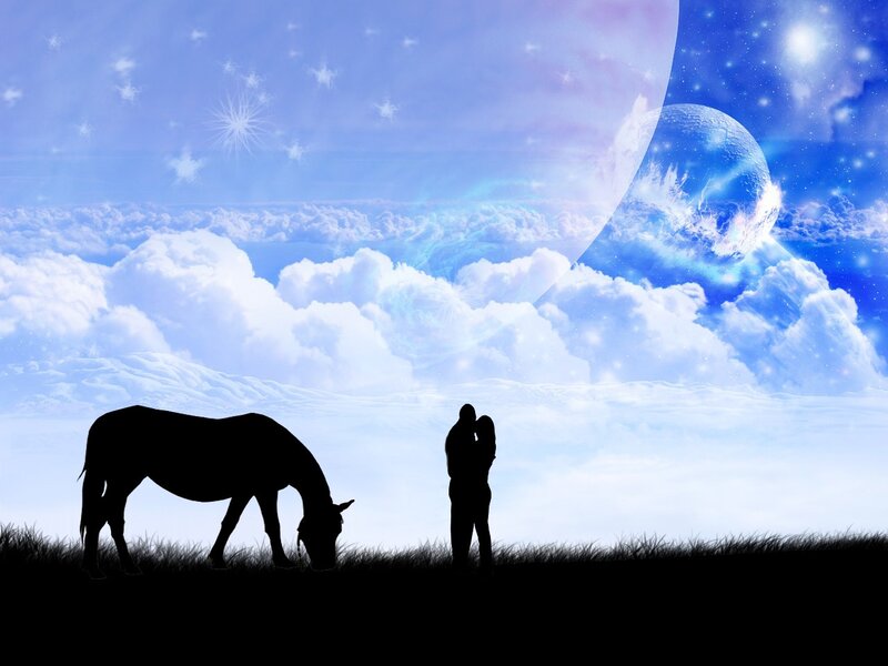 Couple and horse in dreamy sky