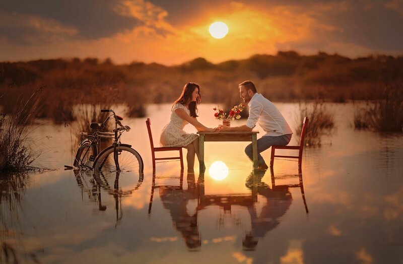 Couple at Dinner Table — Orange