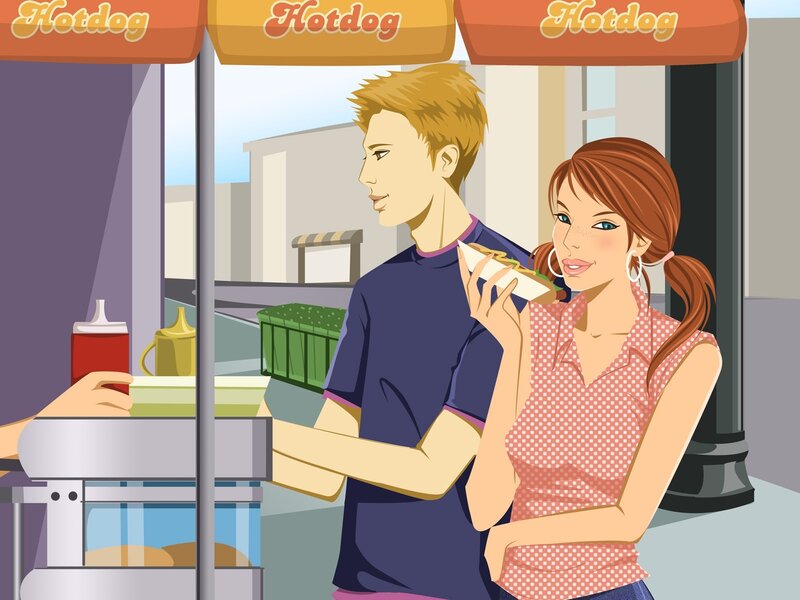 Couple at hot dog stand