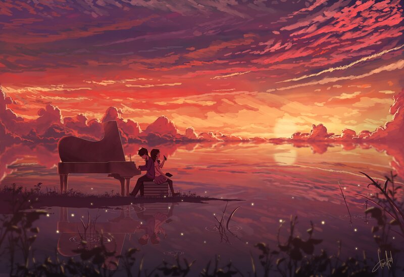 Couple at Piano by Lake — Red, Serene