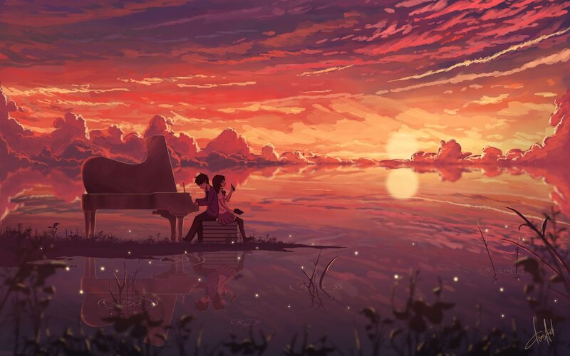 Couple at Piano by Lake — Red