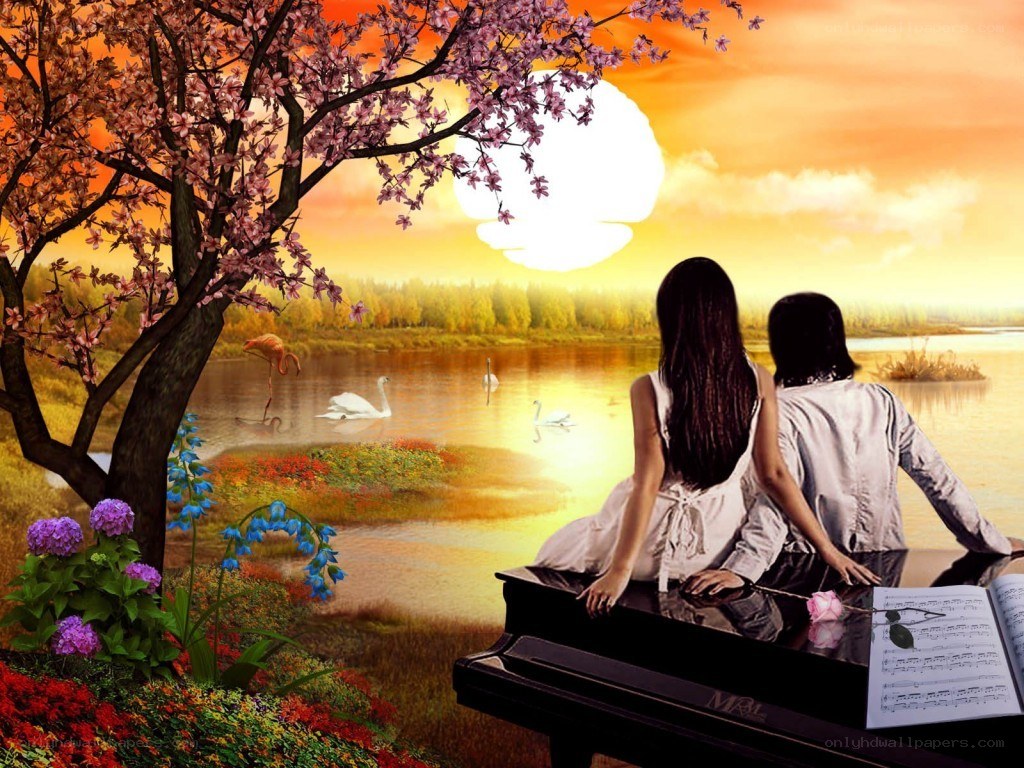 Couple at piano by lake
