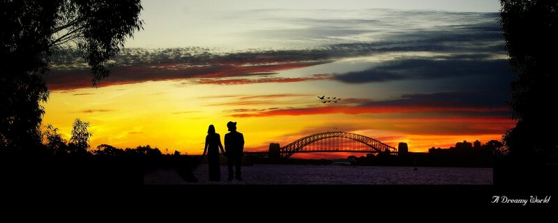 Couple at sunset by the bridge