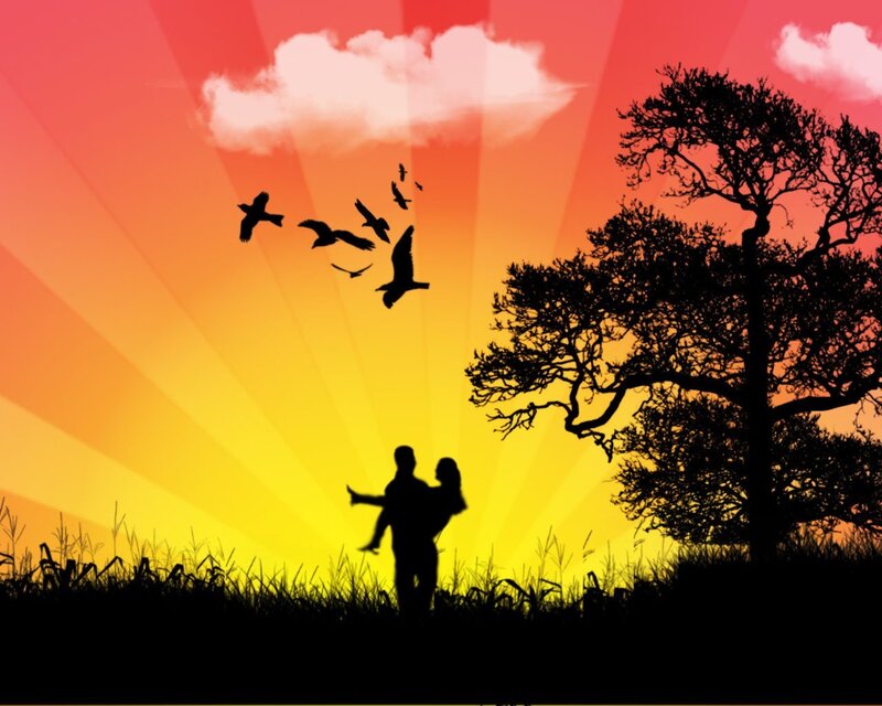 Couple at sunset with birds