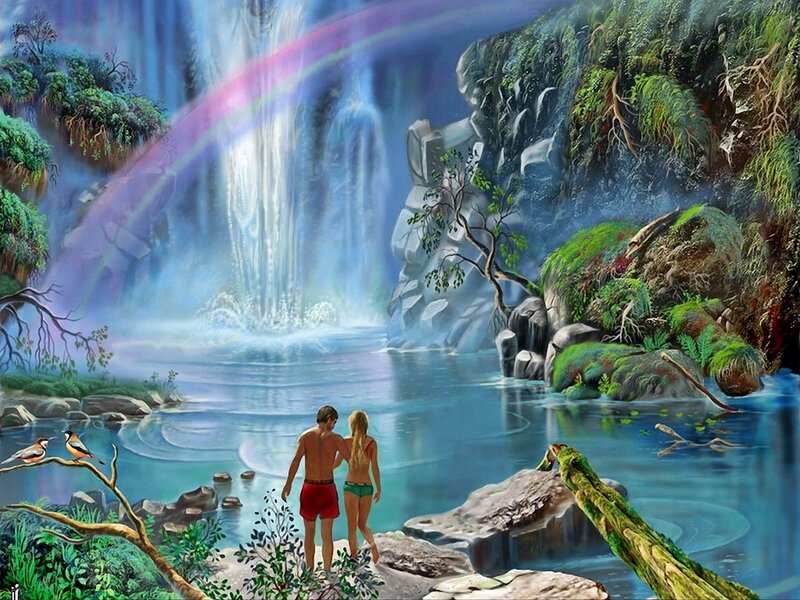 Couple at Waterfall — Blue, Serene