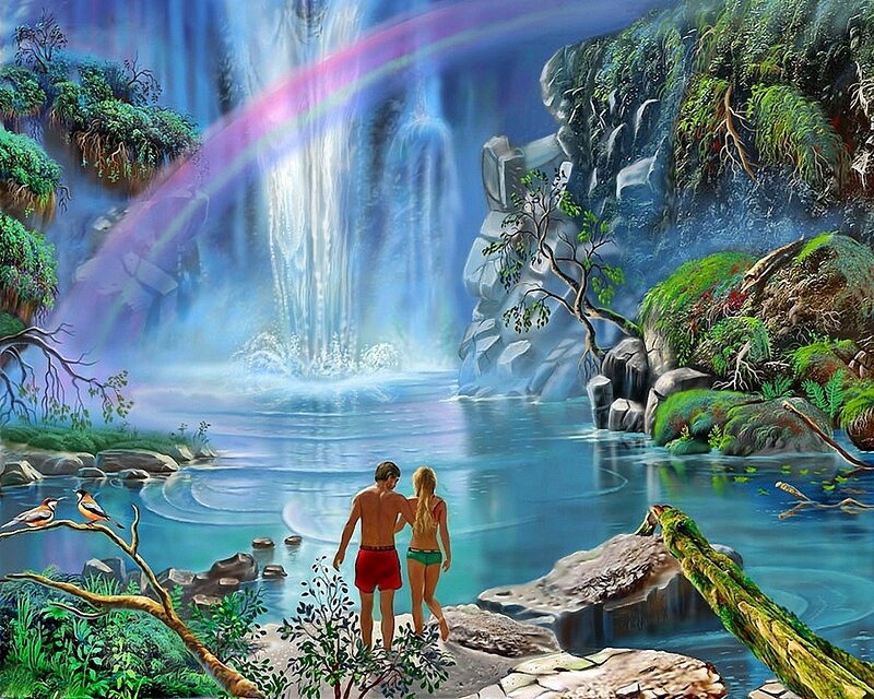 Couple at Waterfall — Blue