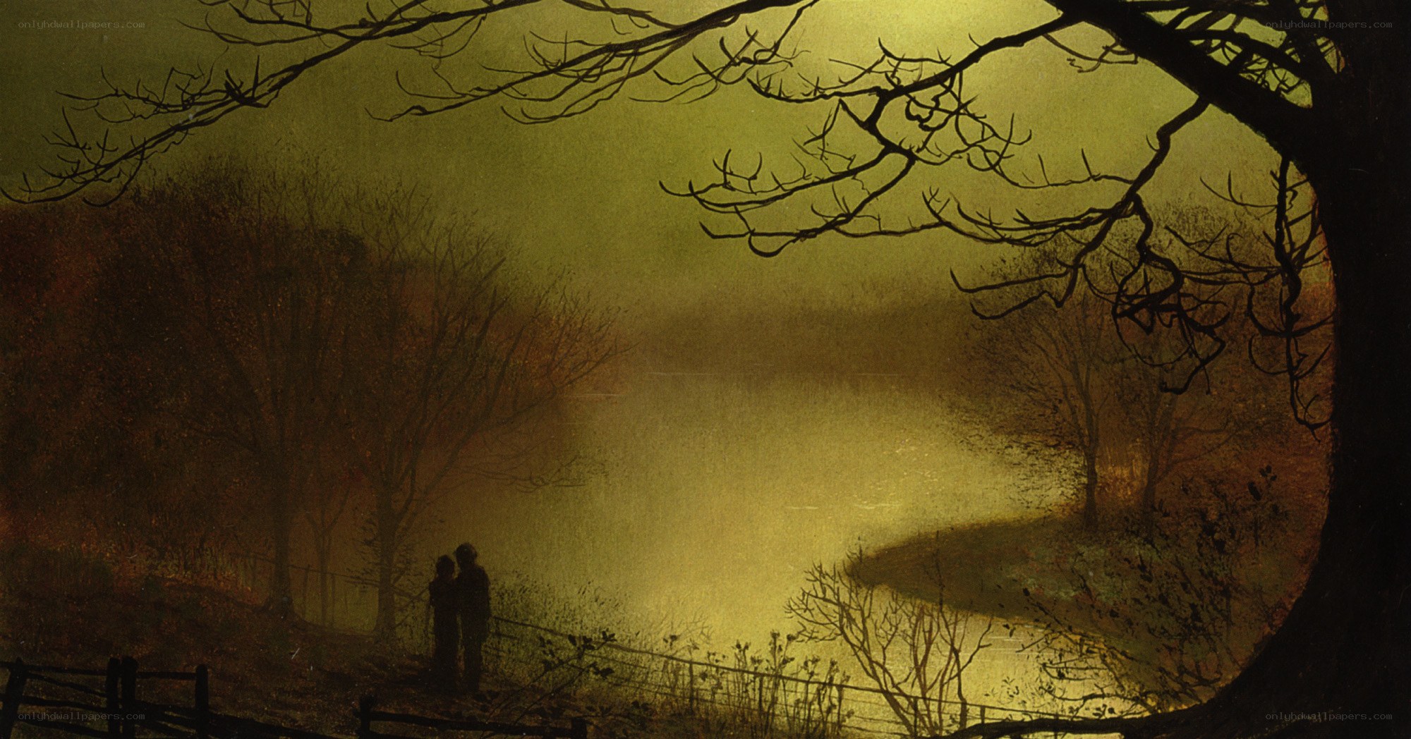 Couple by a misty lake