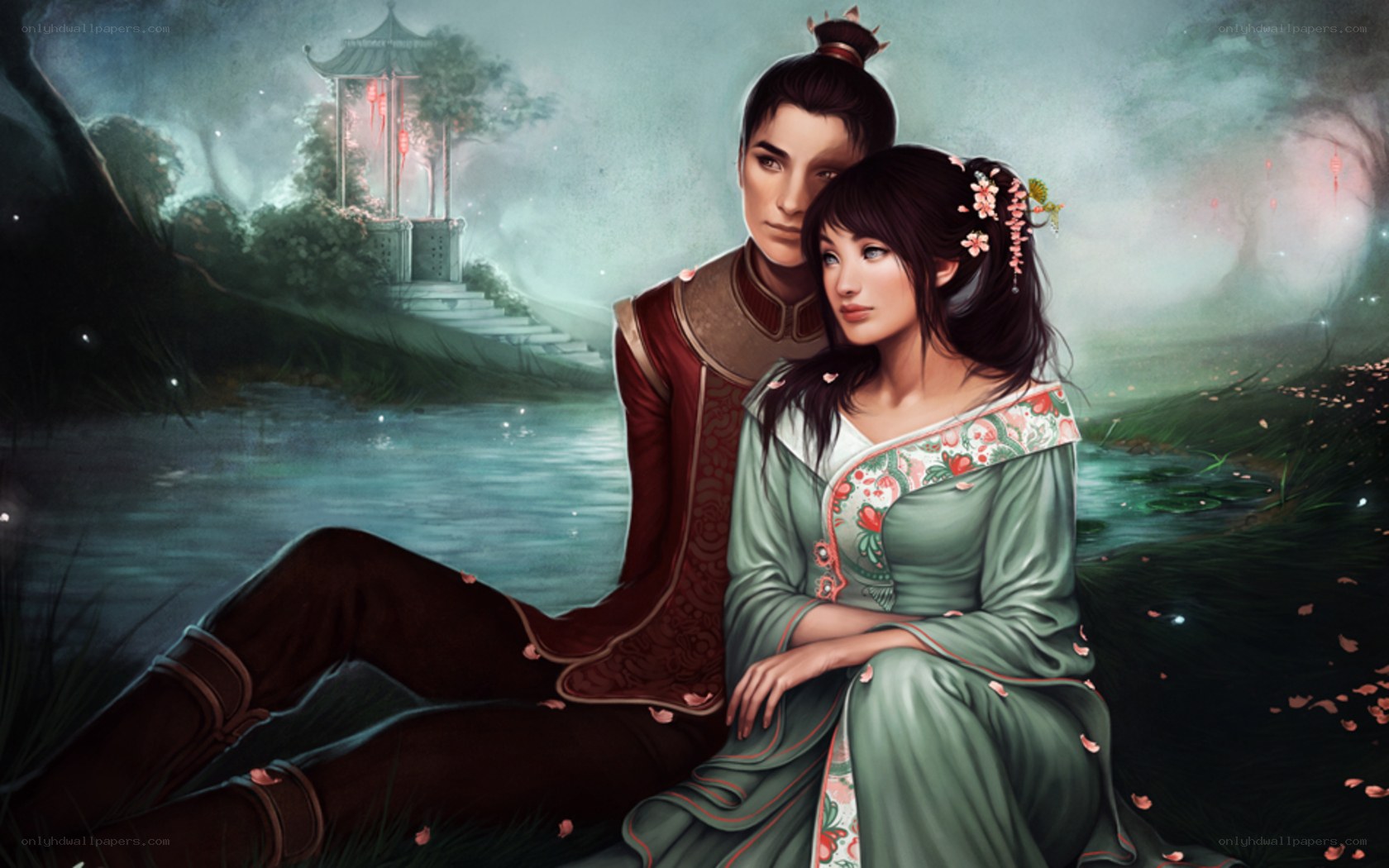 couple by a moonlit pond