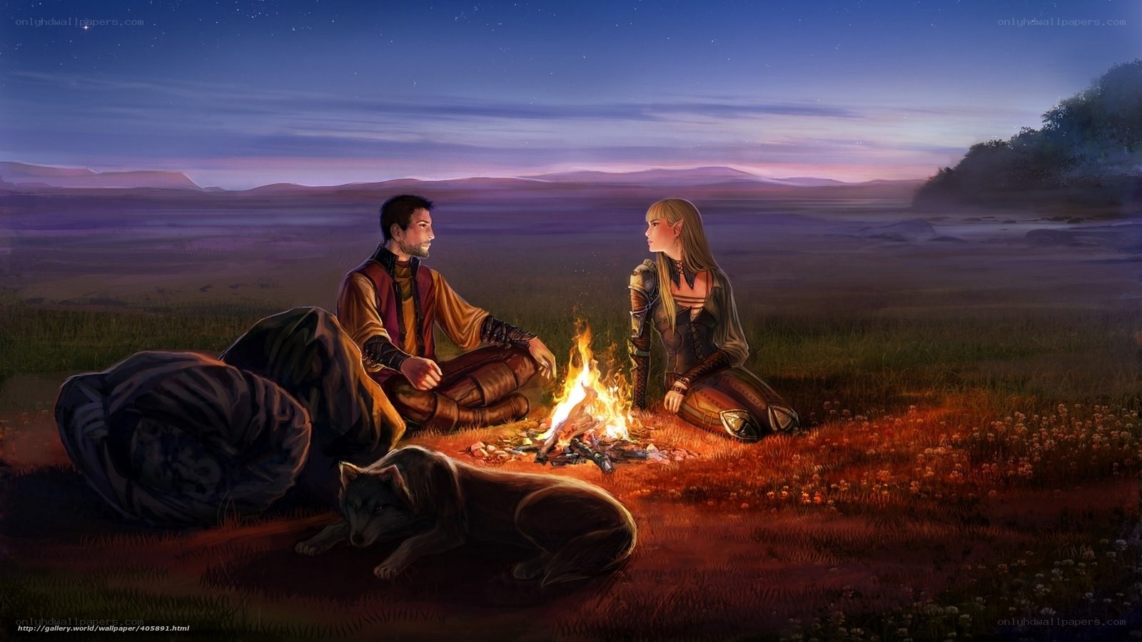 Couple by campfire at night