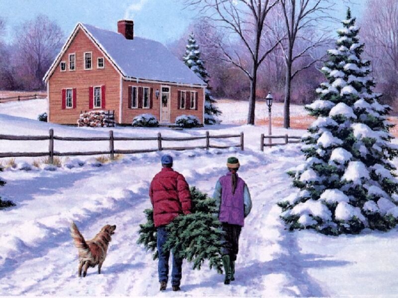 Couple Carrying Christmas Tree — White