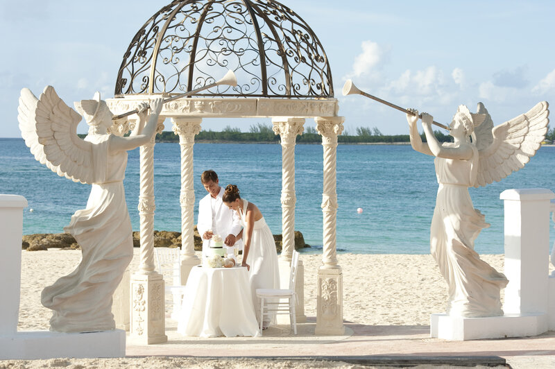 Couple Cutting Wedding Cake — White