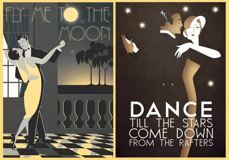 Couple Dancing at Night — Black, Romantic, Illustration