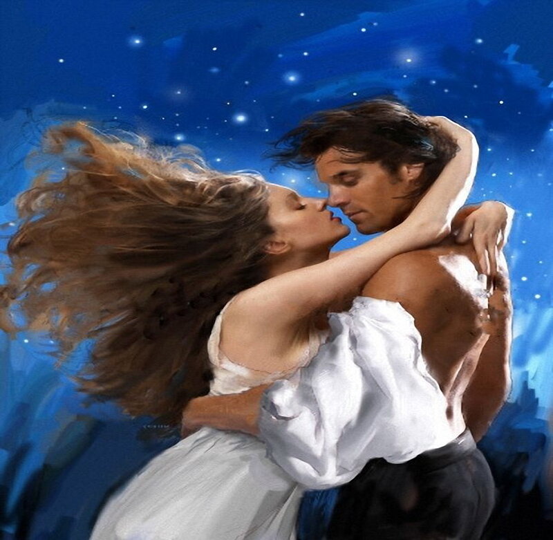 Couple Dancing at Night — Blue, Dramatic, Painting