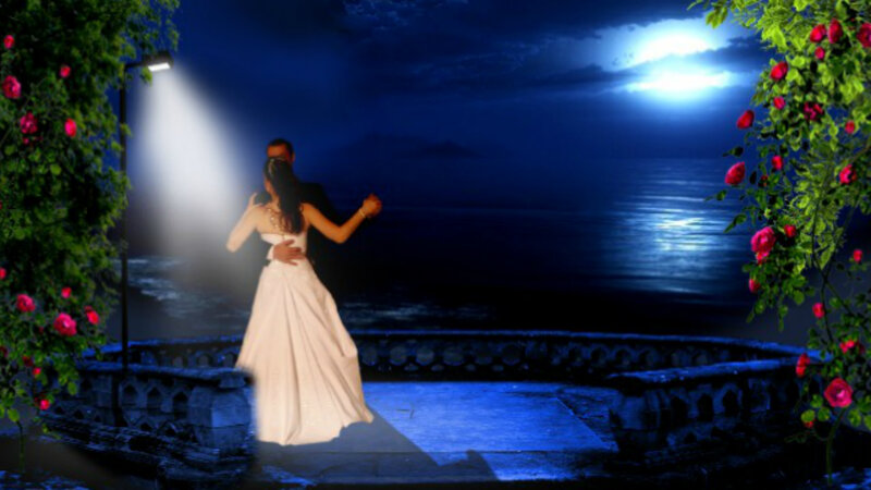Couple Dancing at Night — Blue, Romantic, Digital Art, Moon, Sea