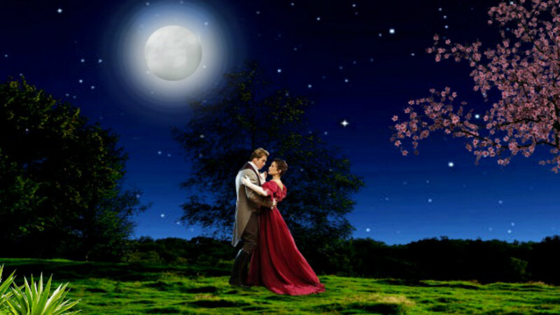 Couple Dancing at Night — Blue, Romantic, Digital Art, Moon