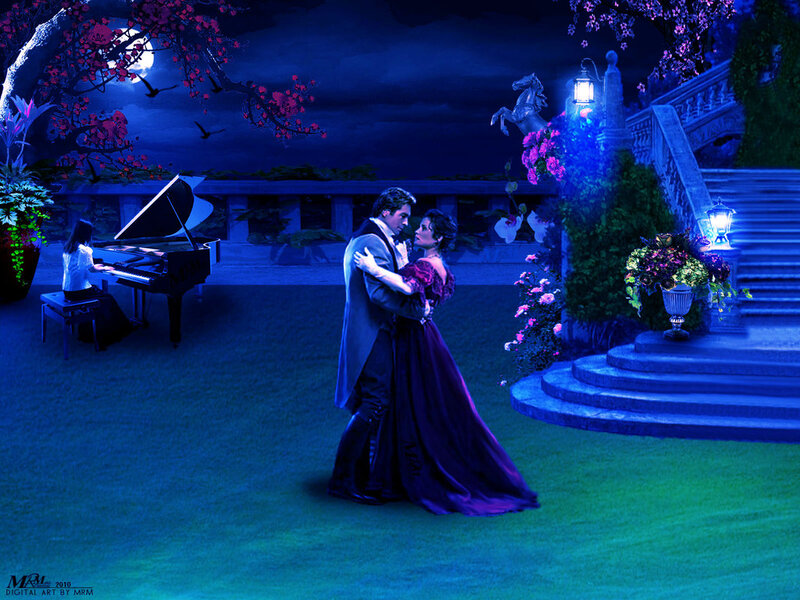 Couple Dancing at Night — Blue, Romantic, Digital Art