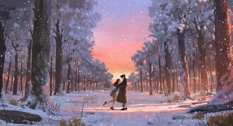 Couple Dancing in Snow — Pink