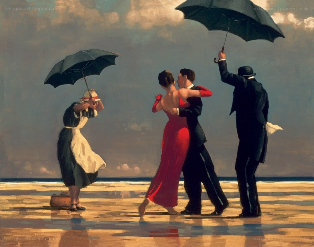 Couple dancing on a rainy beach