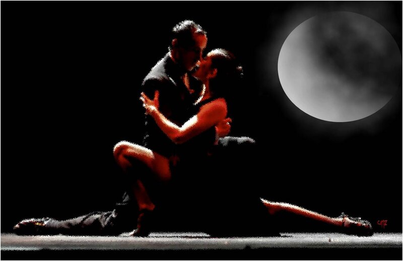 Couple Dancing Tango — Black, Dramatic, Night, Digital Art, Moon