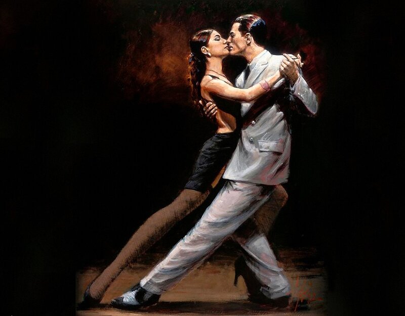 Couple Dancing Tango — Black, Dramatic, Night, Painting, Man