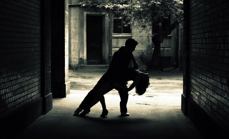 Couple Dancing Tango — Black, Dramatic, Night, Photograph, Brick Walls