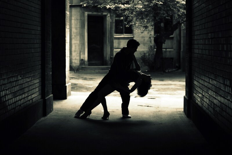 Couple Dancing Tango — Black, Dramatic, Night, Photograph, Brick Walls, Tree