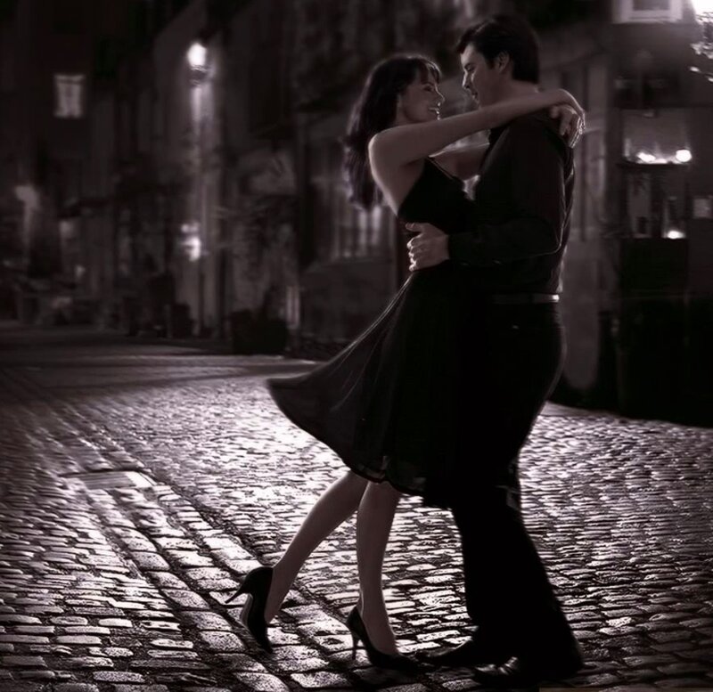 Couple Dancing Tango — Black, Dramatic, Night, Photograph, Cobblestone Street