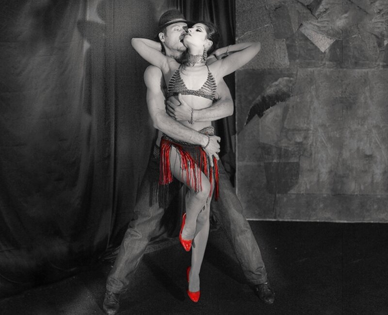 Couple Dancing Tango — Black, Dramatic, Photograph, Man, Woman, Hat
