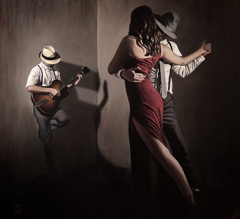 Couple Dancing Tango — Red, Dramatic, Night, Painting