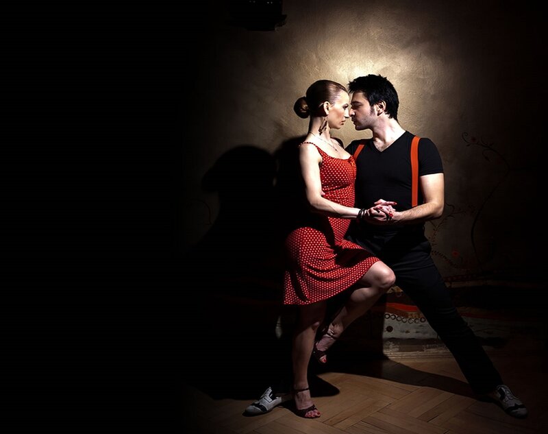 Couple Dancing Tango — Red, Dramatic, Night, Photograph