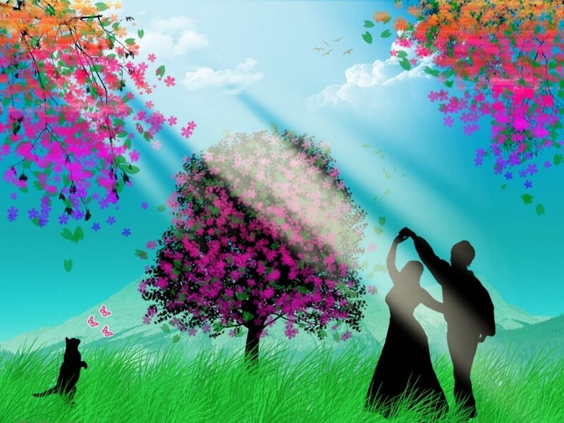 Couple dancing under blooming trees