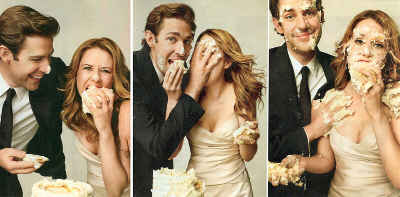 couple eating cake messily