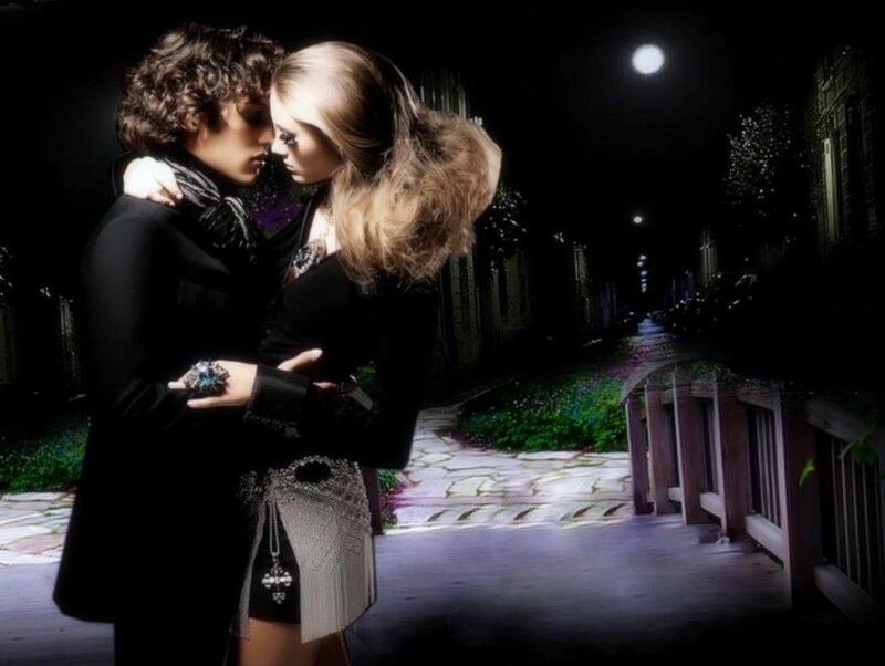 Couple Embracing at Night — Black, Dramatic, Photograph