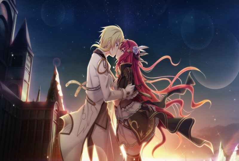 Couple Embracing at Night — Blue, Romantic, Anime, Castle