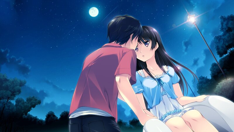 Couple Embracing at Night — Blue, Romantic, Anime, Moon