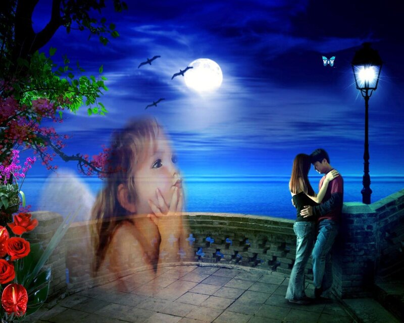 Couple Embracing at Night — Blue, Romantic, Digital Art, Moon