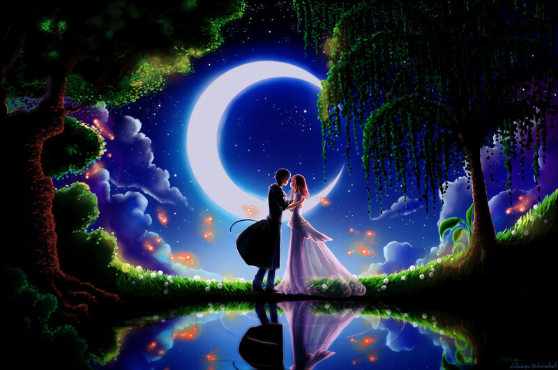 Couple Embracing at Night — Blue, Romantic, Digital Art, Moon, Trees