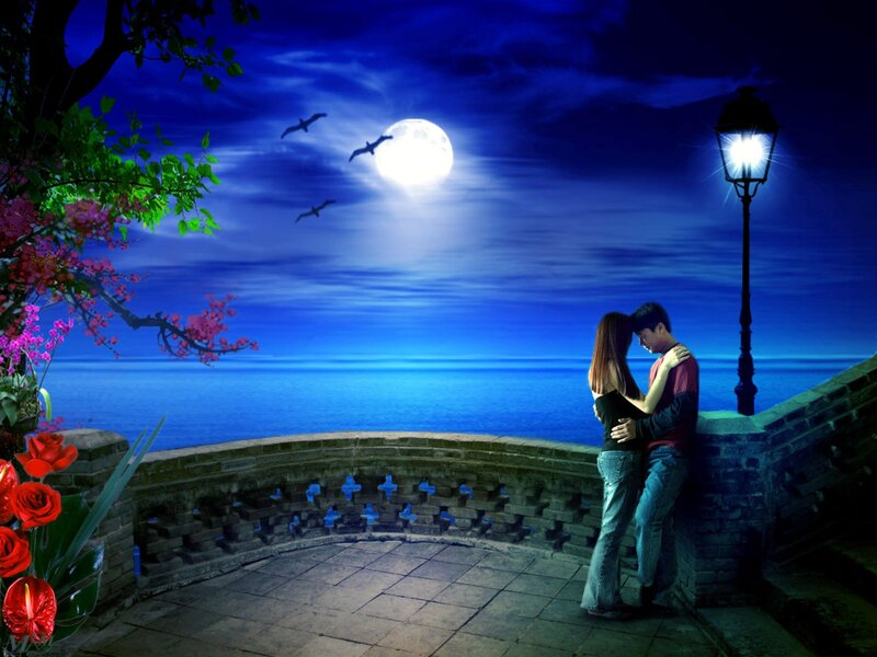 Couple Embracing at Night — Blue, Romantic, Digital Art