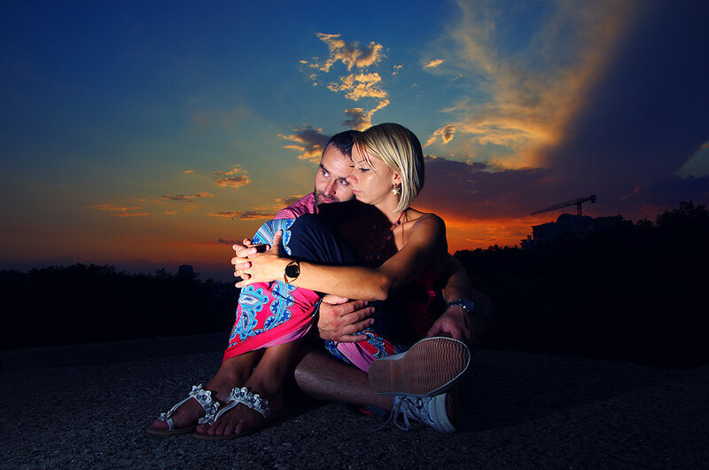 Couple Embracing at Sunset — Blue