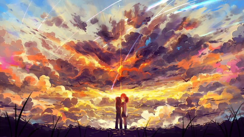 Couple Embracing at Sunset — Orange, Dramatic, Digital Art, Clouds