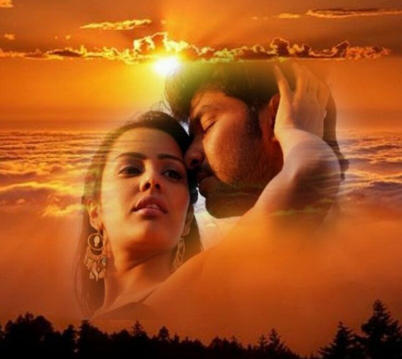 Couple Embracing at Sunset — Orange, Dramatic, Photograph