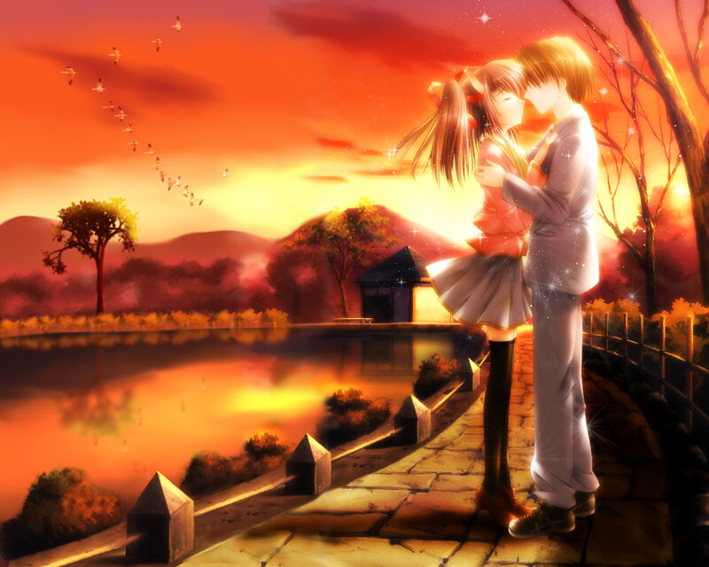 Couple Embracing at Sunset — Orange, Romantic, Anime