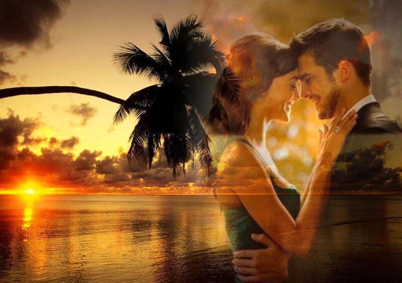 Couple Embracing at Sunset — Orange, Romantic, Digital Art