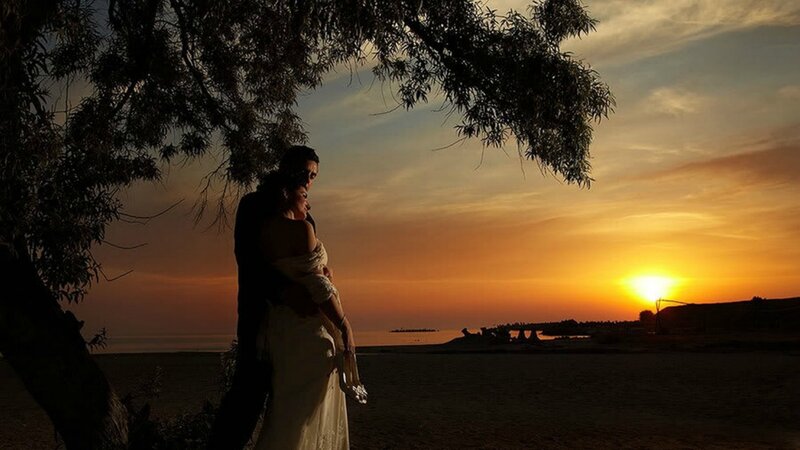 Couple Embracing at Sunset — Orange, Romantic, Photograph, Tree