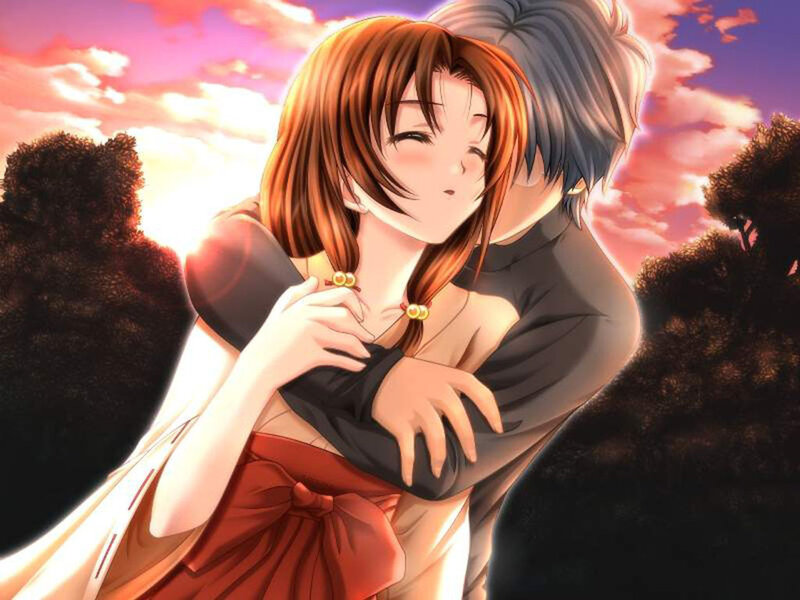 Couple Embracing at Sunset — Pink, Romantic, Anime