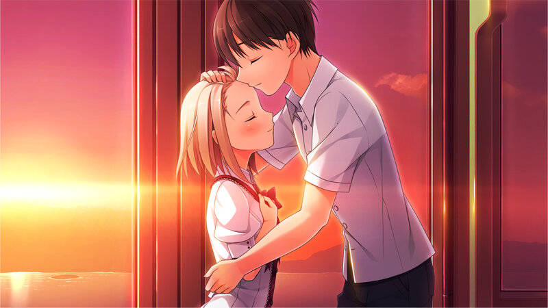 Couple Embracing at Sunset — Red, Romantic, Anime