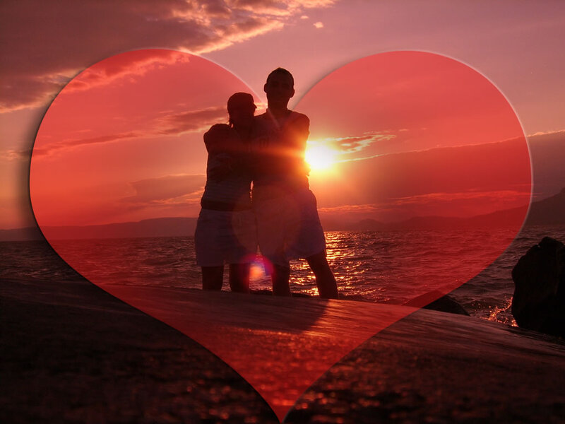 Couple Embracing at Sunset — Red, Romantic, Photograph